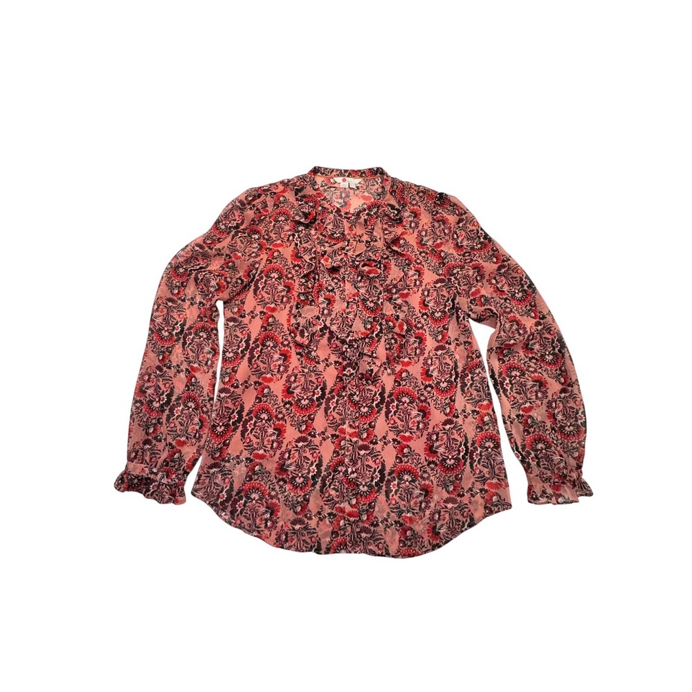 Boden Pink Floral Top Ruffle Front Sheer Button Up Blouse US 6 Coquette Romantic